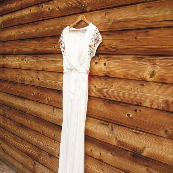 Mac Duggal 55709 Womens White Embellished Sleeve Jersey Wrap Gown - Picture 9 of 16